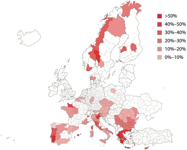 Graphical presentation of regions prioritising culture and cultural heritage in their Smart Specialization Strategies (S3) (with colour-coding)