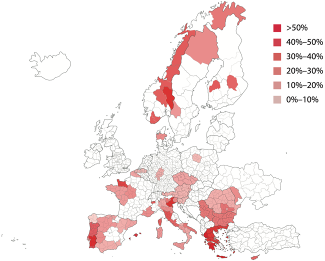 Graphical presentation of regions prioritising culture and cultural heritage in their Smart Specialization Strategies (S3) (with colour-coding) 